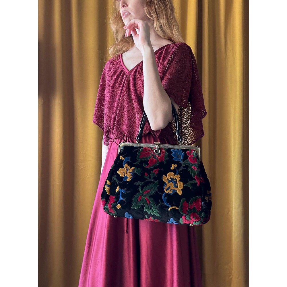 Vintage 50s 60s Floral Carpet Bag, Cara Chenille Tapestry Purse - Picture 3 of 9